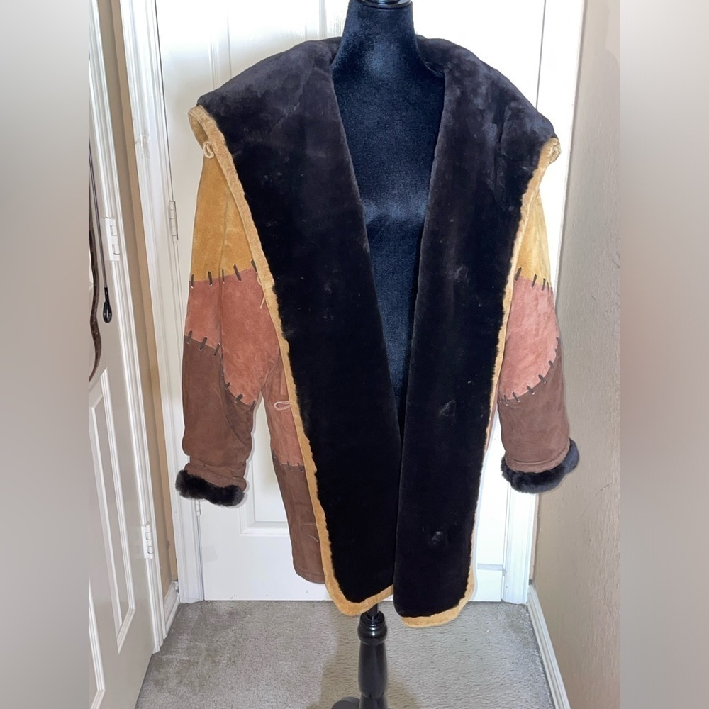 Women's Vintage Heavy G3 Suede Leather Coat with Black Faux Fur Collar Medium - Picture 11 of 13